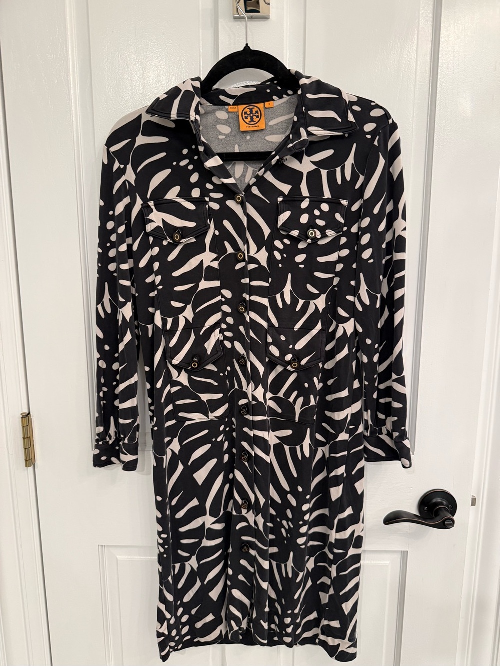 Tory Burch Black and Cream Long Sleeve Printed Shirt Dress, Silk, Size S